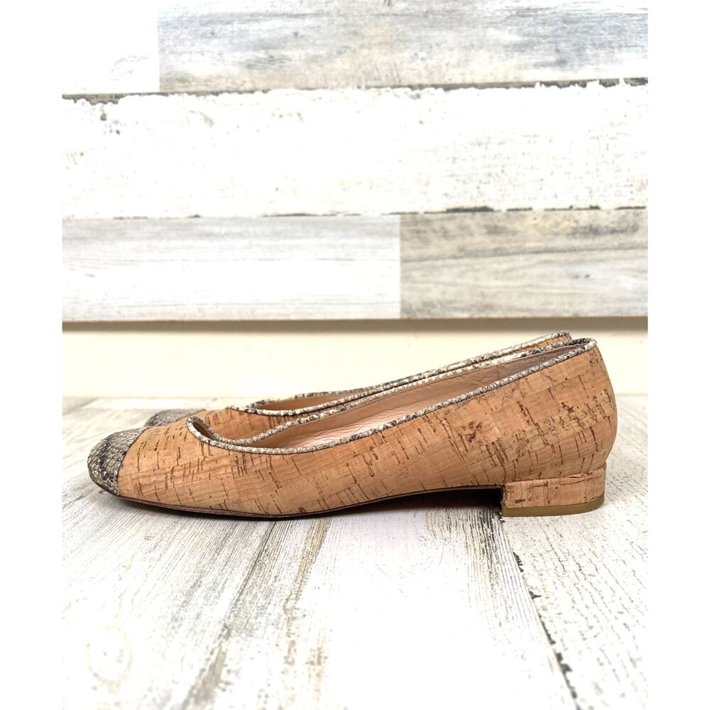 Stuart Weitzman Womens 8.5N Cork Snake Skin Leather Cap Toe Ballet Flat Designer